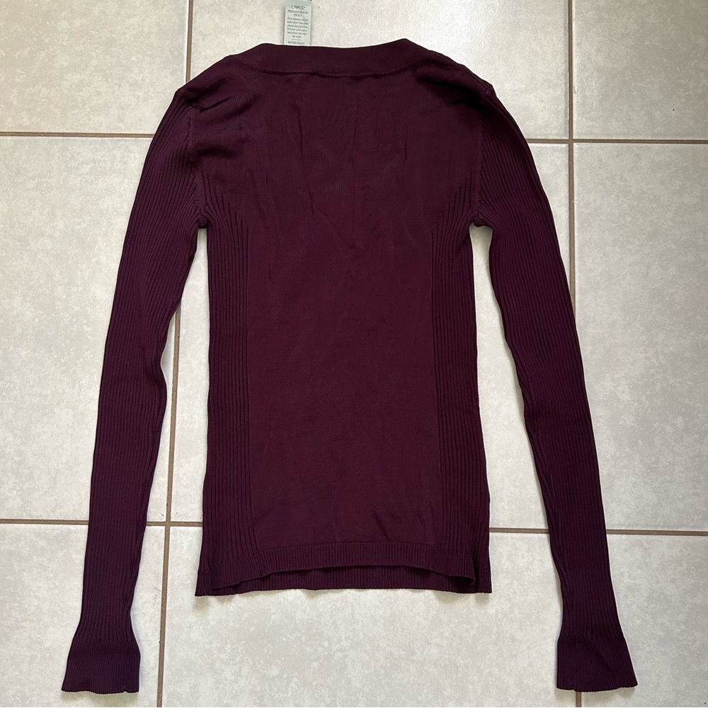 Cache Purple Rhinestone Zipper Rib Knit Long Sleeve Top Stretch S Cotton Spandex - Picture 6 of 7